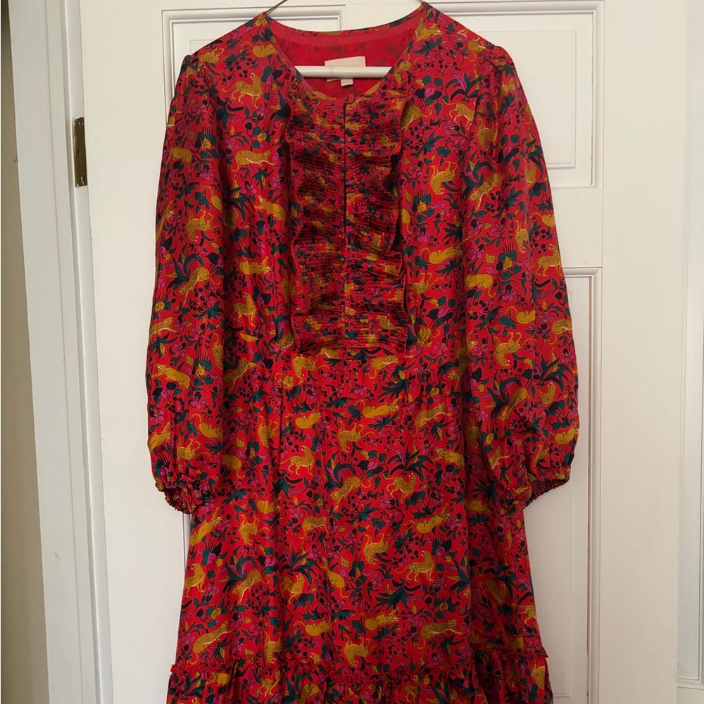 J Crew Collection Tiered Silk Long Sleeve Dress in Cerise Jungle Cat